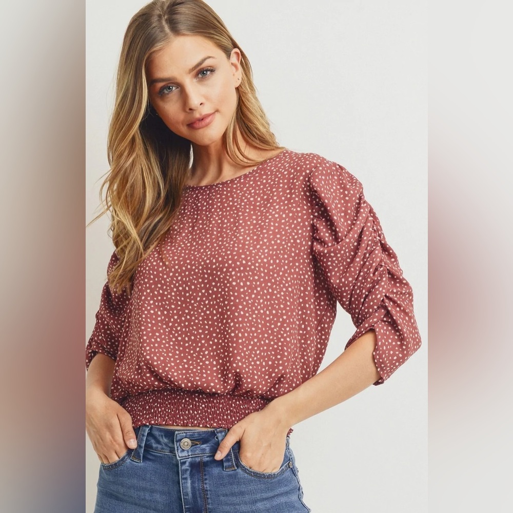 Medium Paper Crane Mauve & Ivory Puffed Sleeve Smocked Band Top